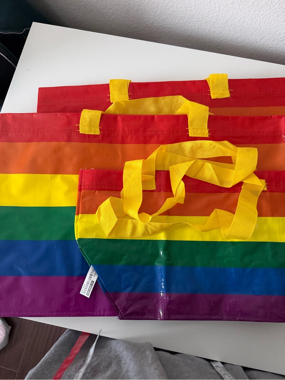IKEA Rainbow Stripe Tote Bag with Yellow Handles